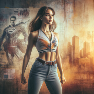 Athletic Thin skinny Attractive, Asian teenage girl, long brown hair and bangs, wearing tight skinny jeans and a halter top paint marks on her clothing, heroic pose Asian graffiti background, side view