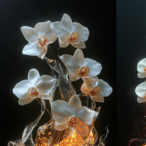 Elegant white orchid flowers delicately engulfed in ethereal fla...