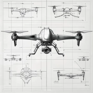 A detailed specification sheet for drone with callouts and dimensions, highly technical