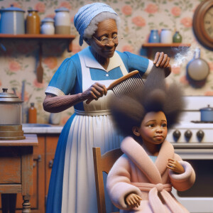 Create a realistic 3-D image of an african-American grandmother wearing a blue house dress and a white apron . She is in the kitchen with her african-American granddaughter. Her granddaughter is wearing a pink bath robe. The grandmother has a hot comb in her hand and she is straightening her granddaughters hair. One side of her granddaughters hair is in  a Afro the other straight 
There is smoke coming from the hot comb
The granddaughter is holding her ear and making a funny face