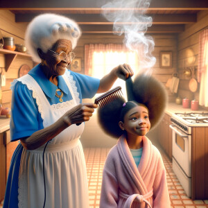 Create a realistic 3-D image of an african-American grandmother wearing a blue house dress and a white apron . She is in the kitchen with her african-American granddaughter. Her granddaughter is wearing a pink bath robe. The grandmother has a hot comb in her hand and she is straightening her granddaughters hair. One side of her granddaughters hair is in  a Afro the other straight 
There is smoke coming from the hot comb
The granddaughter is making a face as if to say grandma that hurt