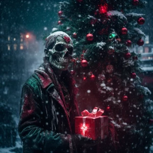 judgment day effect of a tormented zombie,wearing a dirty santa...