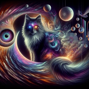 A surreal, ultra-detailed digital painting of a mysterious cat w...