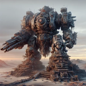 Generate a hyper-realistic depiction of a towering dystopian war...