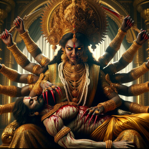 portrait of angry looking, four-armed indian goddess  sitting on a gold crown and carrying a weak mahishasur on her lap and poking his abdomen with her amazingly long red fingernails . She is wearing gold armor, a huge gold crown, gold saree, abundant  gold jewelry, covered in blood. The scene is set in ancient India. The image is 8K resolution, cinematic, photography, ultra detailed face and epic.