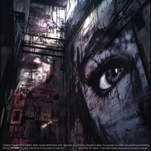 "Craft an image titled 'Gothic Graffiti NIGHTMARE,' where a hyper-realistic gothic landscape dominates a dystopian urban alley. The scene is a fusion of dramatic and surreal elements, with sprawling graffiti that twists and warps across the walls in morphing, monstrous forms—each stroke alive with a psycho horror vibe. Amidst this cinematic chaos, hyper-realistic details pull viewers into the nightmare: eyes peer from the shadows, and grotesque faces blend into the dark brick, their expressions a haunting fusion of dread and despair. Shadows deepen the drama, creating an atmosphere thick with tension and unease, embodying a world where reality melds with nightmarish imagination."