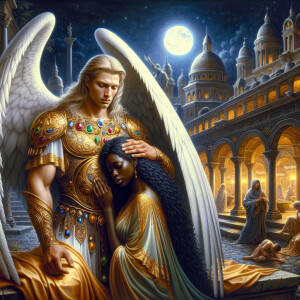Create an oil painting image featuring a male angel and a grievi...