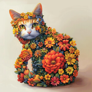 Imagine a cartoon of a cat with a body covered in a vibrant arra...