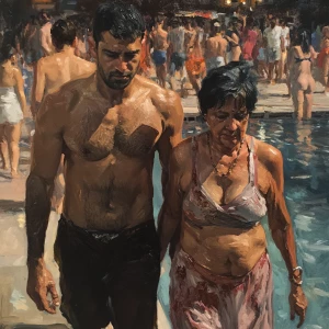 Realistic painting,a muscular beefy sweaty man walking with his...