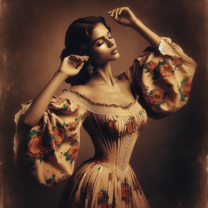 A beautiful woman in a vintage floral dress