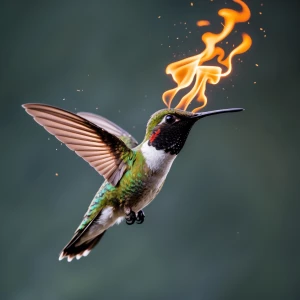 A hummingbird exhaling flames as it hovers in mid-air.