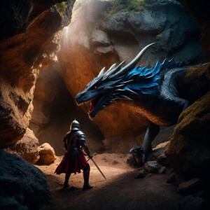 A fierce dragon and a brave knight engage in a battle outside th...