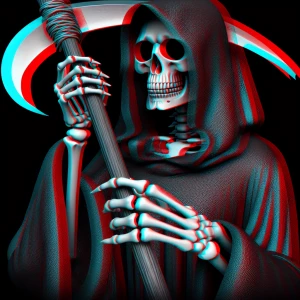 Create a 3D  image of a skelton wearing a hooded robe holding a...