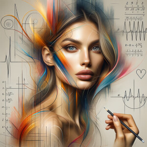 Abstract, minimalist, painting, with pencil line, paint stroke, gestures, colorful marks, mathematical equations, electrical cardiogram, printouts complex math formulas, dna asian teen girl