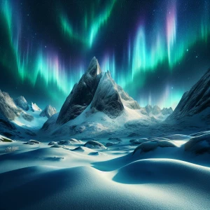 Beautiful snowy mountain with aurora borealis sky