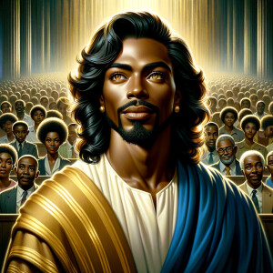 Illustrate an inspiring African-American Jesus crust with a dign...