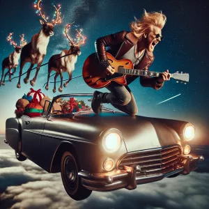 Blonde-haired male rockstar playing a guitar, soaring through th...