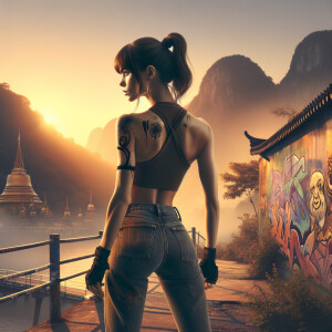 Athletic Thin skinny Attractive, Asian teenage girl, long brown hair and bangs, wearing tight skinny jeans and a halter top paint marks on her clothing, heroic pose Asian graffiti background, backside view