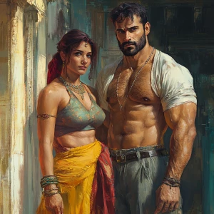 realistic art,a muscular, perspiring man accompanying his 50-yea...