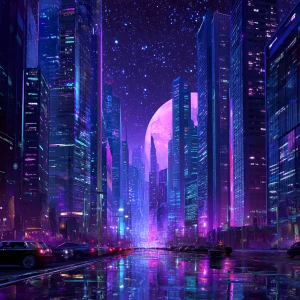 Create a  photo of a futuristic neon-lit cityscape at night, dep...
