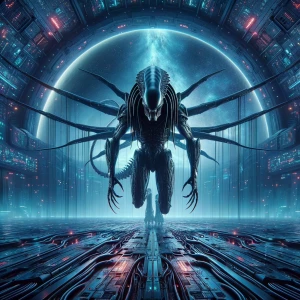 Hyperspatial --ar 9:16, in the style of Yautja's (Hunter Predato...