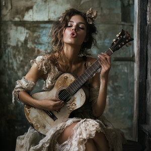 A woman in a tattered dress, playing guitar with intricate hand...