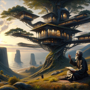 A swarthy gray-haired man sits on the grass near the sea and tel...