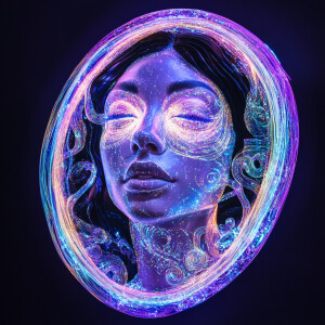 A surreal, ultra-realistic portrait of a female of any race, enc...