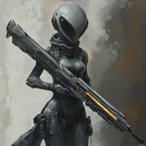 Design an image of an alien female with oversized plasma rifles,...