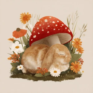 Cute fluffy rabbit sleeping under a red mushroom with white spot...