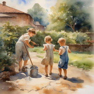 1920s oil painting of children playing in the yard, air brush 8k
