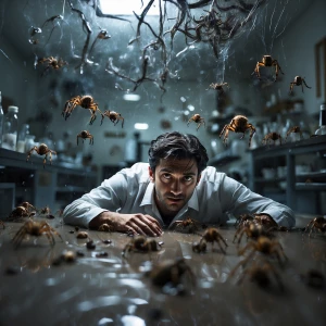 A scientist sprawls on the laboratory floor, overwhelmed as nume...