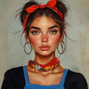 girl with brown hair, thick eyebrows, pumped up lips, potato nos...