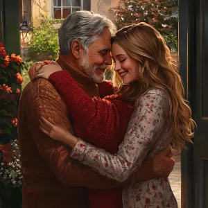 A heartwarming and highly detailed scene of 3 people hugging, a...