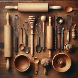 Create a neatly arranged knolling pattern of vintage kitchen ute...