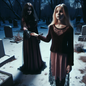 A blonde girl stands at night in winter near the grave. A scary...