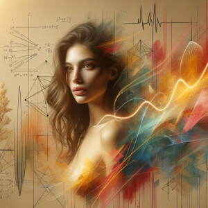 Abstract, minimalist, painting, with pencil line, paint stroke, gestures, colorful marks, mathematical equations, electrical cardiogram, printouts complex math formulas, dna asian teen girl