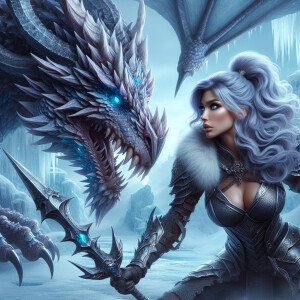 A beautiful huntress from the “Monster Hunter” series with dark...