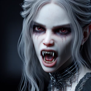 An absolutely terrifying hyper-realistic detailed depiction of a teenage vampire girl baring her fangs.