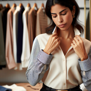 A Latina woman is in a changing room adjusting her outfit, focus...