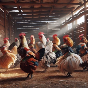 Anthropomorphic female chickens, in a chicken house dance like e...