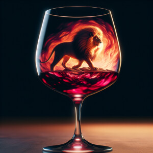 A wine glass sitting on the table, red wine inside of it, a refl...