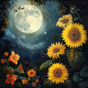 Create a captivating image of a moonlit scene with sunflowers an...