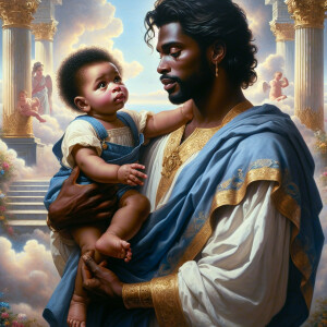 Classical oil painting style depicting an African-American Jesus...