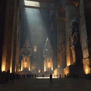 A massive ancient Egyptian temple interior with towering statues...