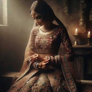 Create an image of an Indian bride adorned in a traditional deep...