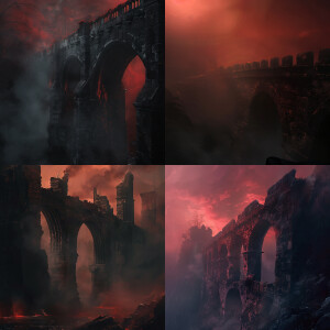 side profile of medieval stone arch bridge in dark tower with re...