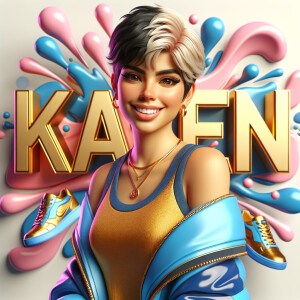 3D writing name "KAREN" bold glossy gold. There is a beautiful latino woman, smiling with a black and blonde pixie cut hairdo,blue and gold trendy jacket and outfits in blue, pink, and gold tones, sport shoes, sitting under the name. Her outfits are glossy. dynamic color explosion background, of pink, blue, gold colors, splashed on white wall