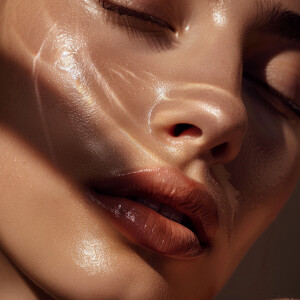 Capture a high-definition, slow-motion close-up of flawless, glo...