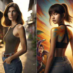 Athletic Thin skinny Attractive, Asian teenage girl, long brown hair and bangs, wearing tight skinny jeans and a halter top paint marks on her clothing, heroic pose Asian graffiti background, backside view